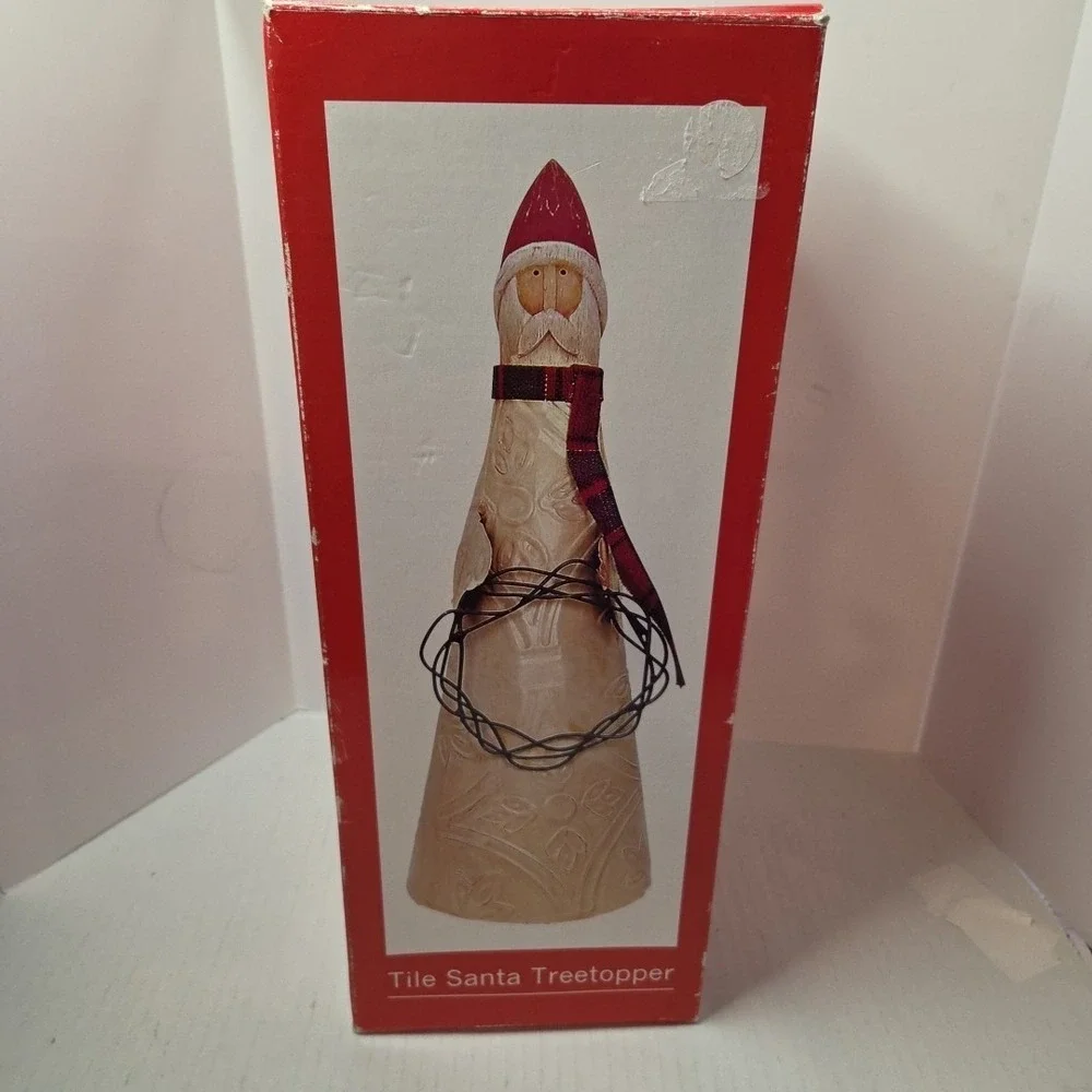 Midwest Cannon Falls Tile Santa W/Wire Wreath Tree Topper Folk Metal Cream W/Box